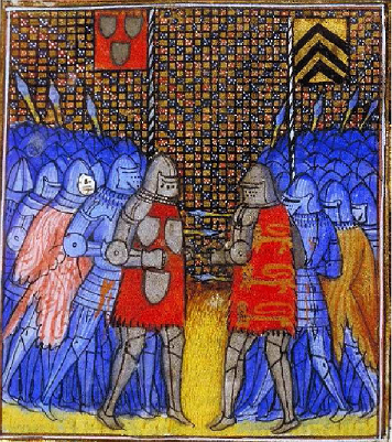 Geoffroy Ier de Charny affrontant douard III d'Angleterre - enluminure d'un manuscrit des Chroniques de Froissart du 1er quart du XVe sicle  BNF Fr 2662, Fol. 172v